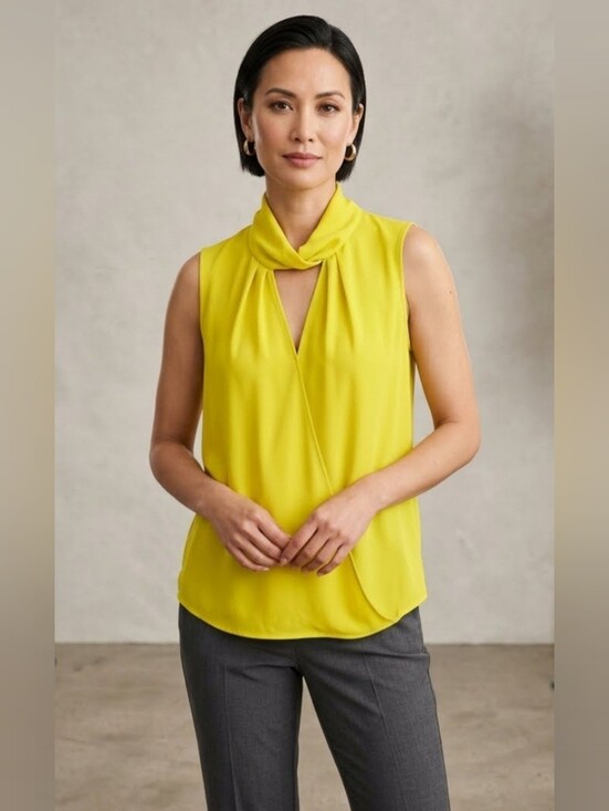 Joseph Ribkoff Tops - Joseph Ribkoff Yellow Cowl Neck Cutout Faux Wrap Draped Sleeveless Blouse Top 10